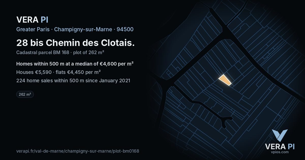 28 bis Chemin des Clotais, Champigny-sur-Marne at night – the plot lit, the parcels around coloured by the prices near them