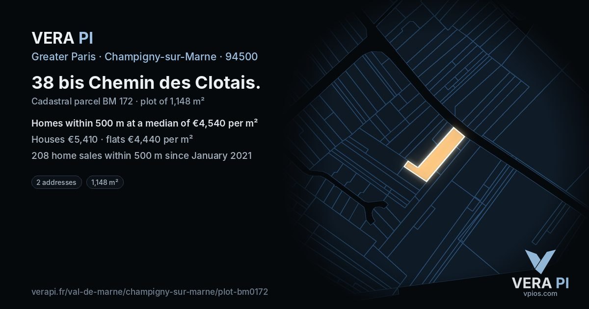 38 bis Chemin des Clotais, Champigny-sur-Marne at night – the plot lit, the parcels around coloured by the prices near them