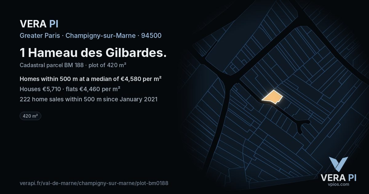 1 Hameau des Gilbardes, Champigny-sur-Marne at night – the plot lit, the parcels around coloured by the prices near them