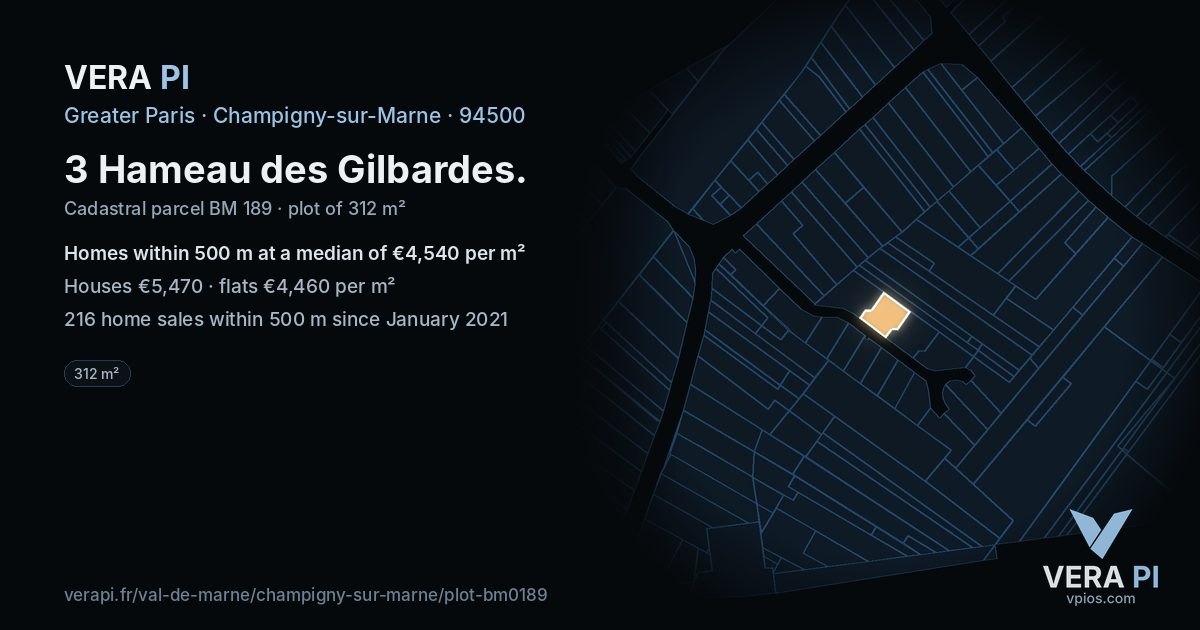 3 Hameau des Gilbardes, Champigny-sur-Marne at night – the plot lit, the parcels around coloured by the prices near them