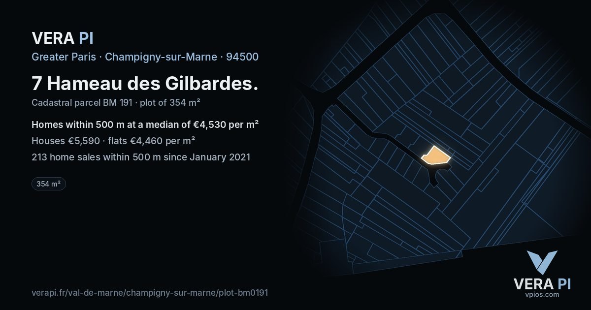 7 Hameau des Gilbardes, Champigny-sur-Marne at night – the plot lit, the parcels around coloured by the prices near them