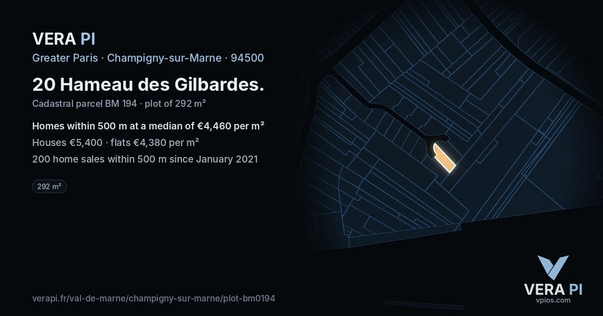20 Hameau des Gilbardes, Champigny-sur-Marne at night – the plot lit, the parcels around coloured by the prices near them