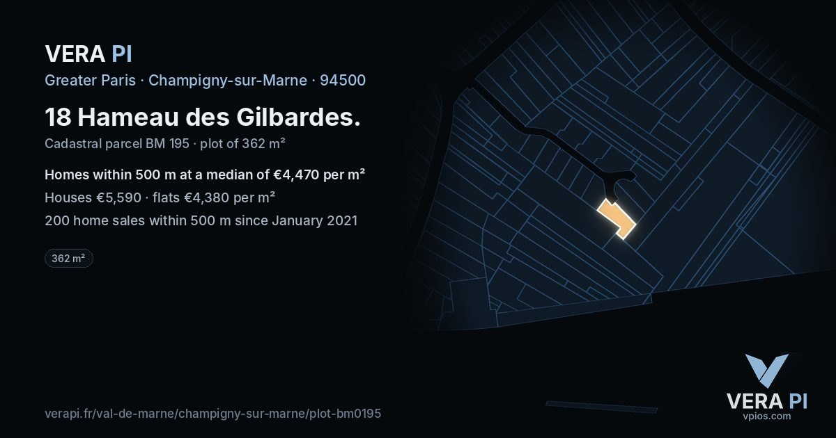18 Hameau des Gilbardes, Champigny-sur-Marne at night – the plot lit, the parcels around coloured by the prices near them