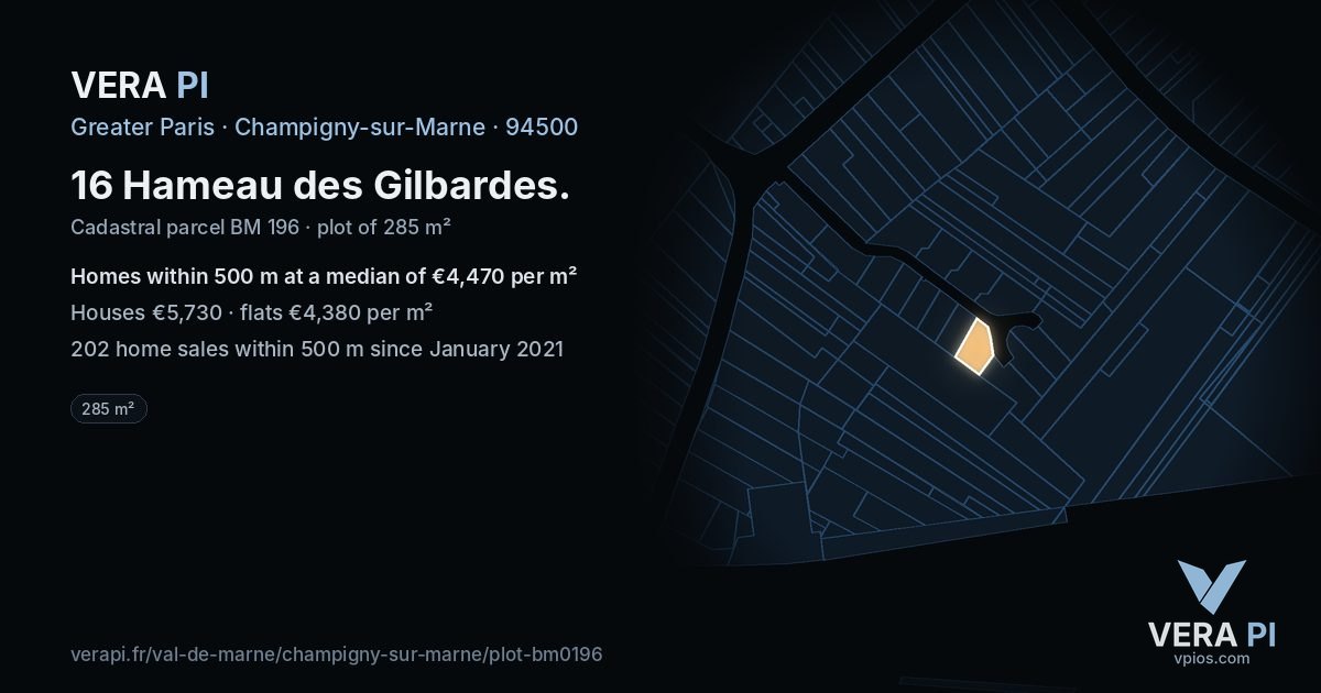 16 Hameau des Gilbardes, Champigny-sur-Marne at night – the plot lit, the parcels around coloured by the prices near them