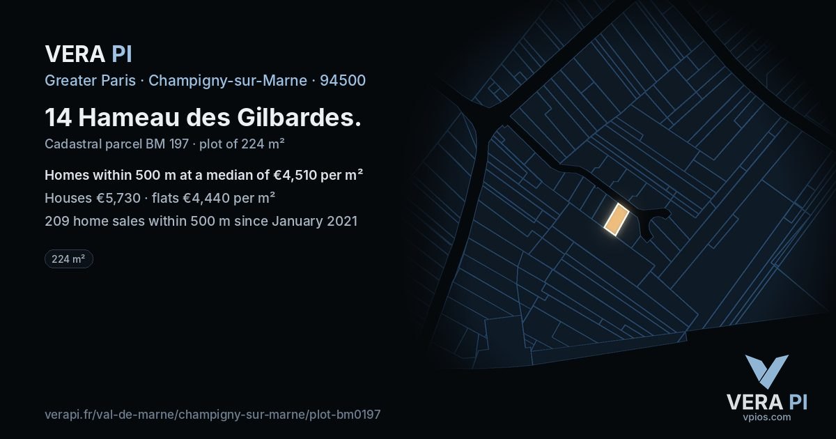14 Hameau des Gilbardes, Champigny-sur-Marne at night – the plot lit, the parcels around coloured by the prices near them