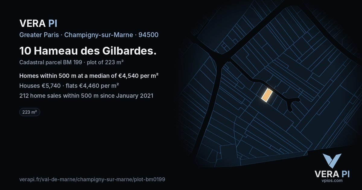 10 Hameau des Gilbardes, Champigny-sur-Marne at night – the plot lit, the parcels around coloured by the prices near them
