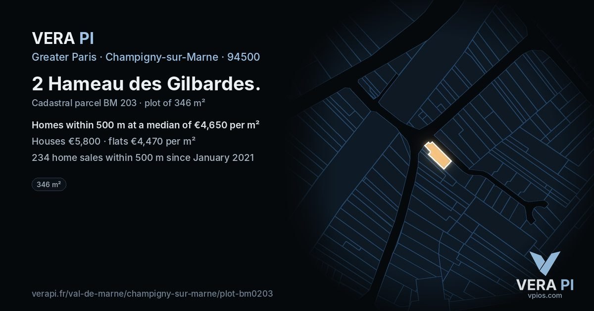 2 Hameau des Gilbardes, Champigny-sur-Marne at night – the plot lit, the parcels around coloured by the prices near them
