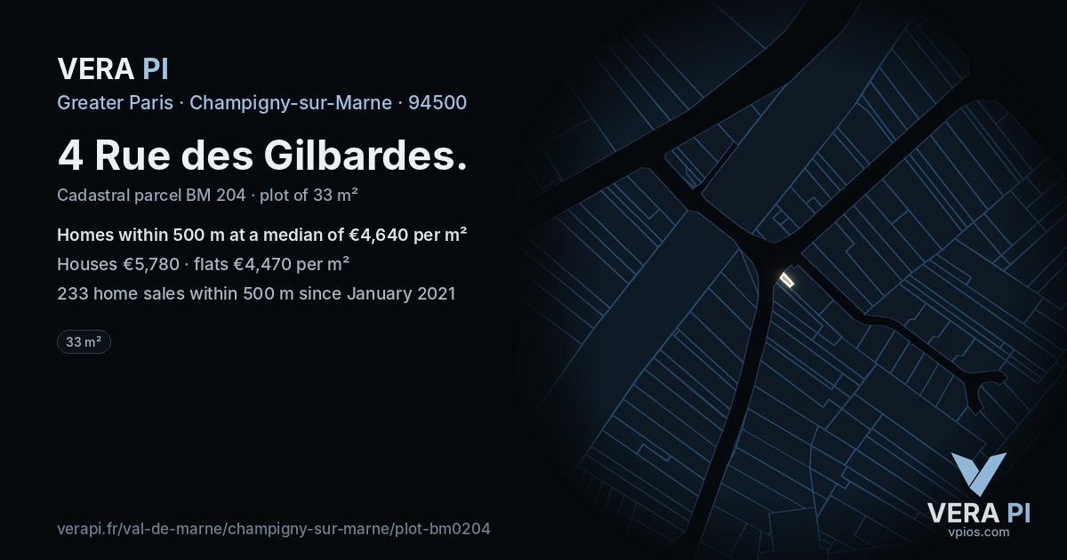 4 Rue des Gilbardes, Champigny-sur-Marne at night – the plot lit, the parcels around coloured by the prices near them