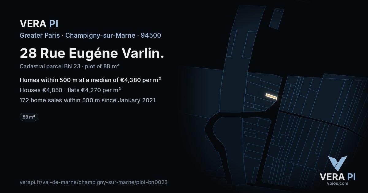 28 Rue Eugéne Varlin, Champigny-sur-Marne at night – the plot lit, the parcels around coloured by the prices near them