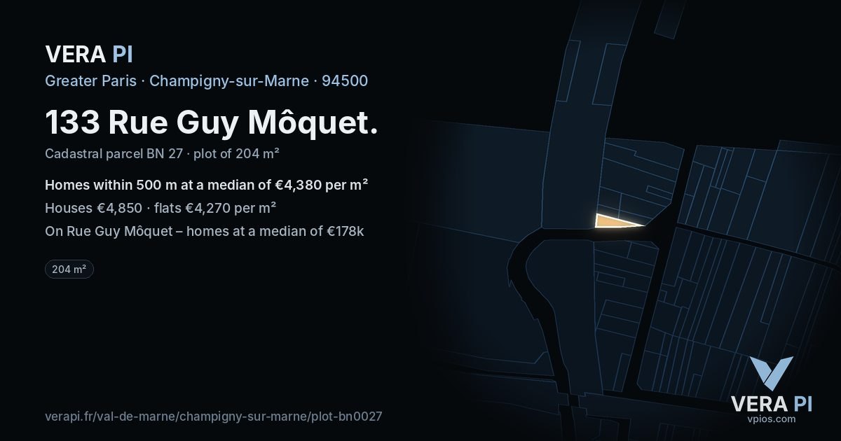 133 Rue Guy Môquet, Champigny-sur-Marne at night – the plot lit, the parcels around coloured by the prices near them