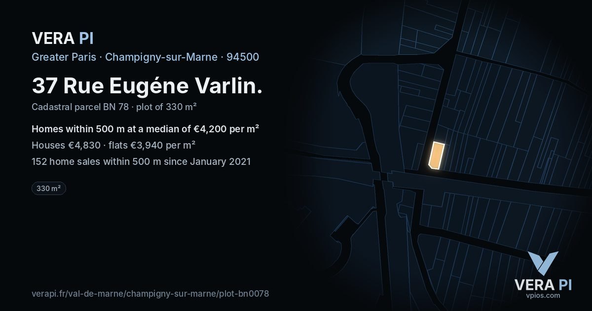 37 Rue Eugéne Varlin, Champigny-sur-Marne at night – the plot lit, the parcels around coloured by the prices near them