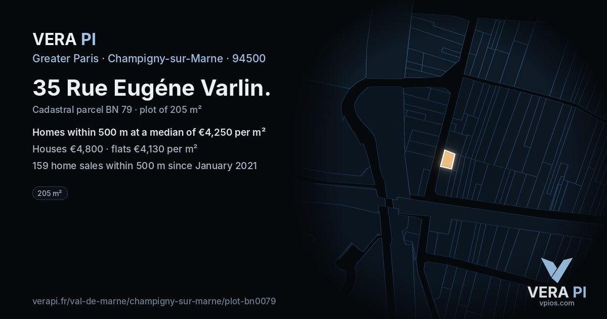 35 Rue Eugéne Varlin, Champigny-sur-Marne at night – the plot lit, the parcels around coloured by the prices near them