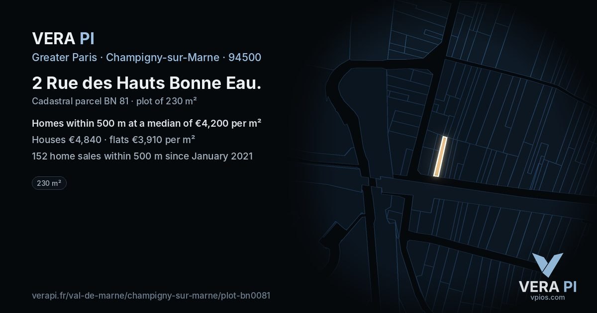 2 Rue des Hauts Bonne Eau, Champigny-sur-Marne at night – the plot lit, the parcels around coloured by the prices near them
