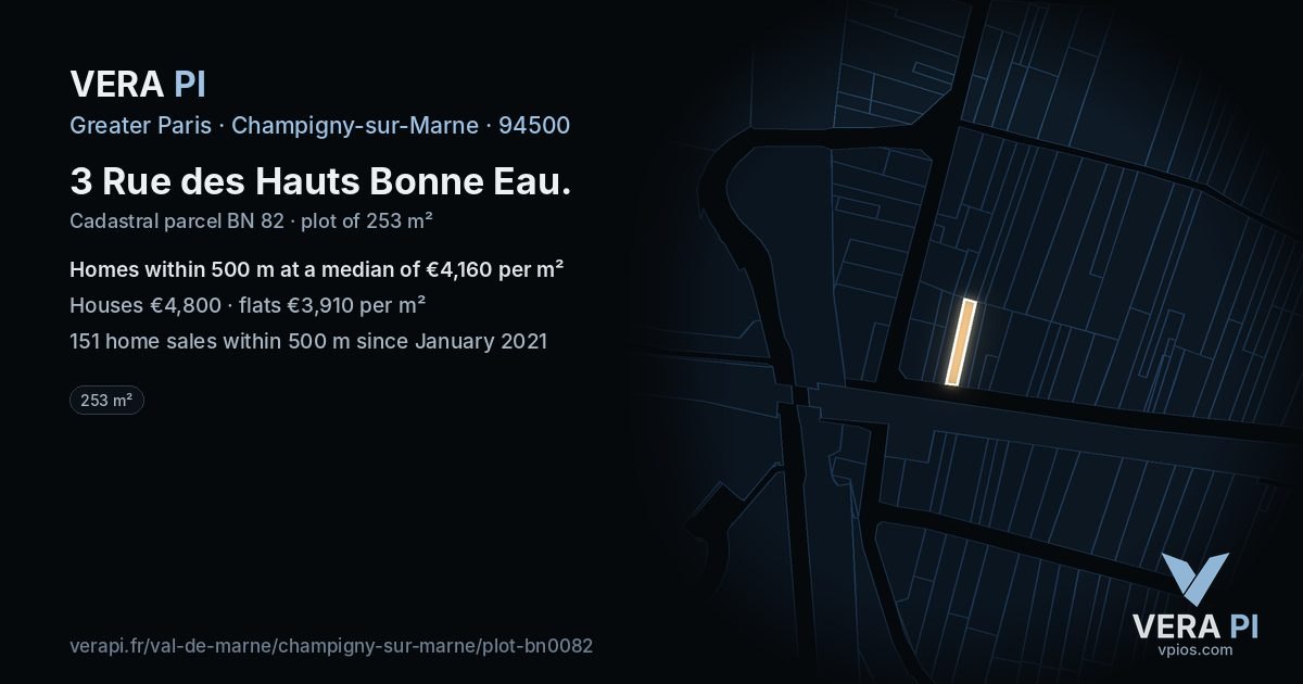 3 Rue des Hauts Bonne Eau, Champigny-sur-Marne at night – the plot lit, the parcels around coloured by the prices near them
