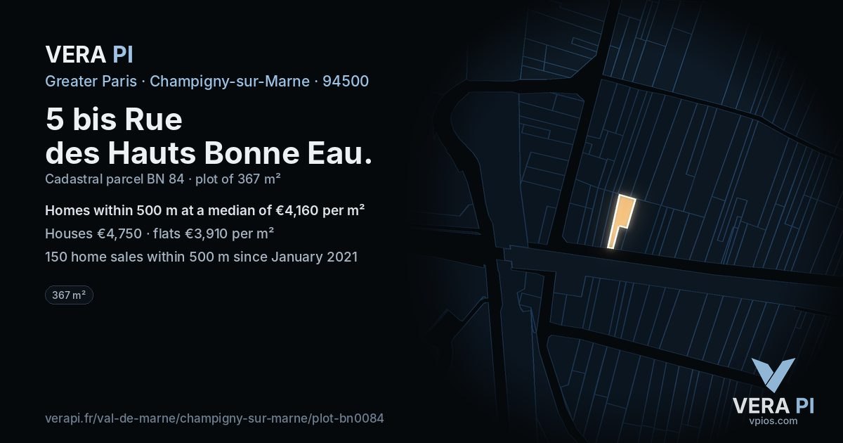 5 bis Rue des Hauts Bonne Eau, Champigny-sur-Marne at night – the plot lit, the parcels around coloured by the prices near them
