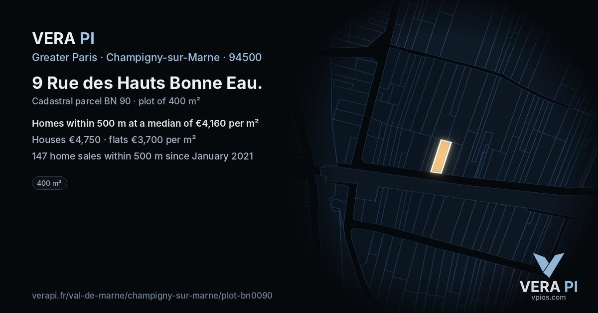 9 Rue des Hauts Bonne Eau, Champigny-sur-Marne at night – the plot lit, the parcels around coloured by the prices near them