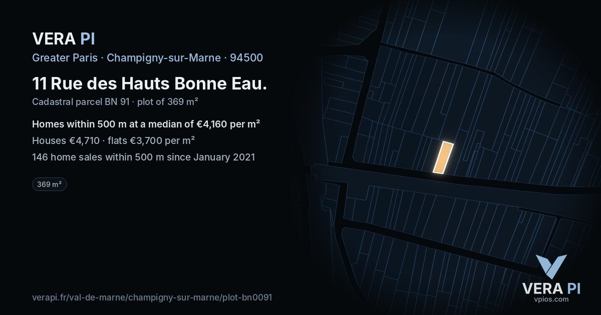 11 Rue des Hauts Bonne Eau, Champigny-sur-Marne at night – the plot lit, the parcels around coloured by the prices near them