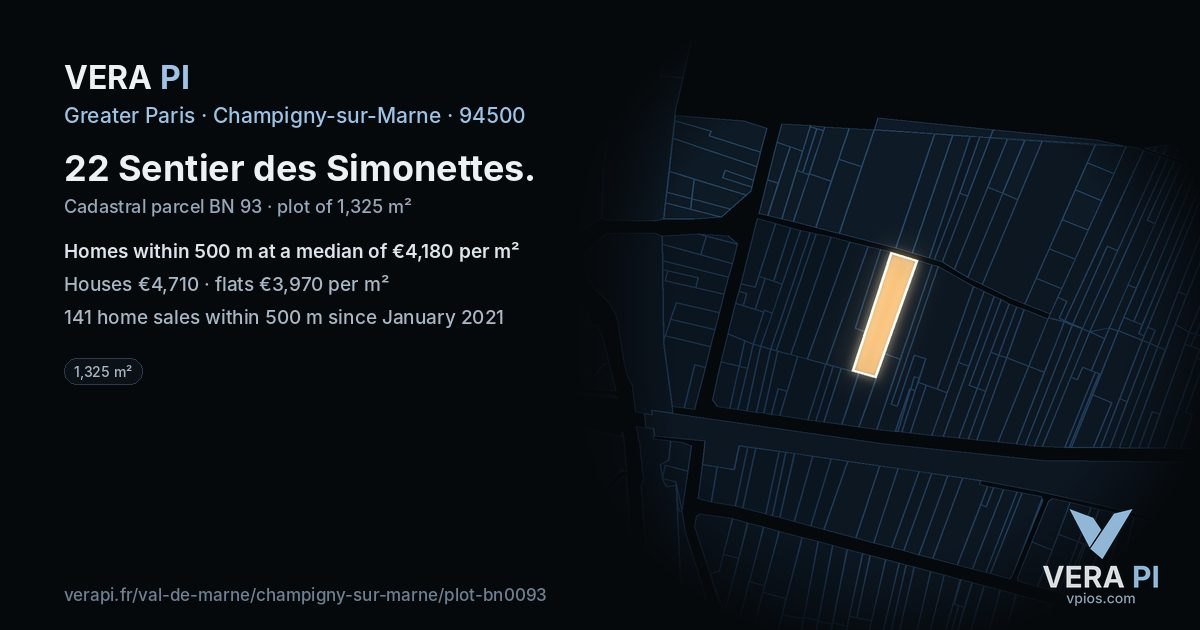 22 Sentier des Simonettes, Champigny-sur-Marne at night – the plot lit, the parcels around coloured by the prices near them
