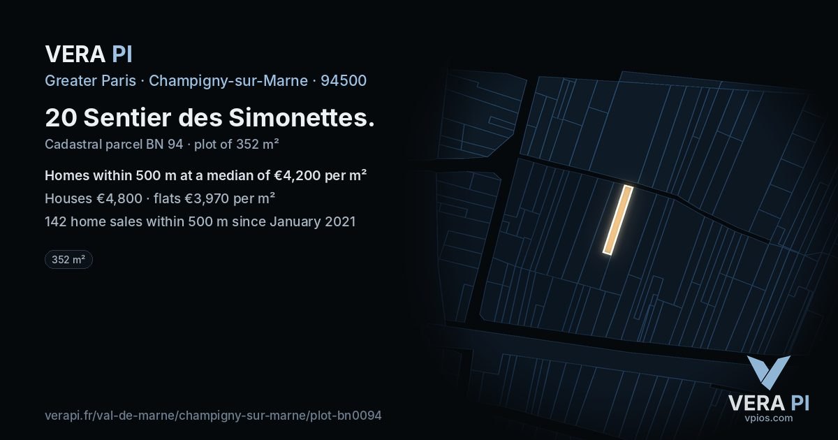20 Sentier des Simonettes, Champigny-sur-Marne at night – the plot lit, the parcels around coloured by the prices near them
