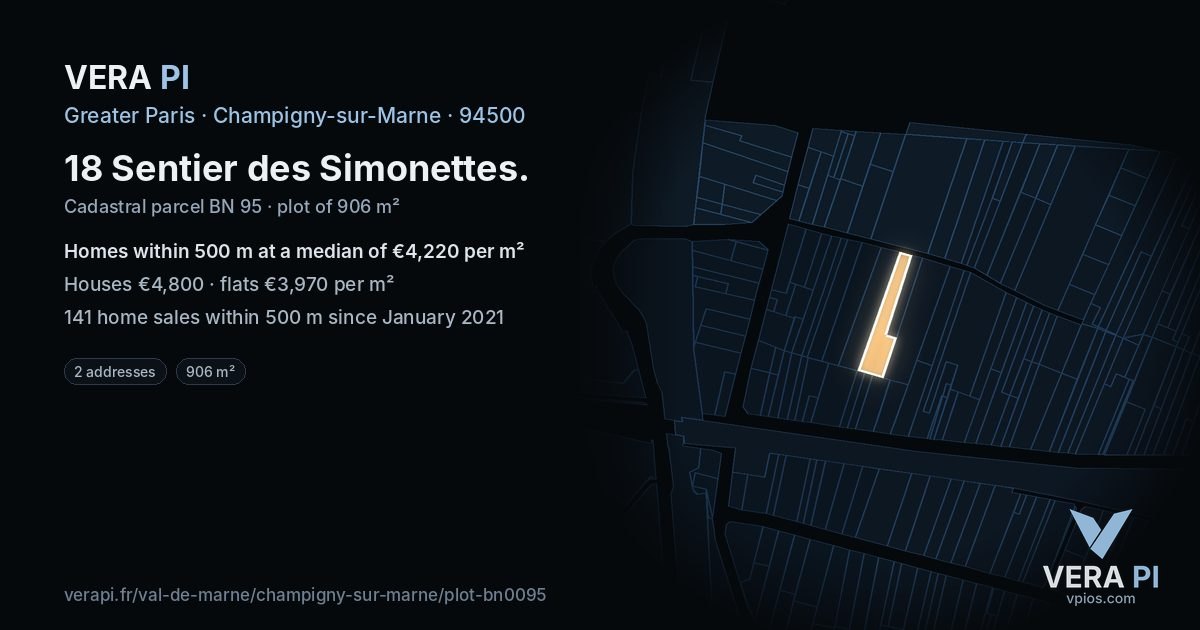 18 Sentier des Simonettes, Champigny-sur-Marne at night – the plot lit, the parcels around coloured by the prices near them