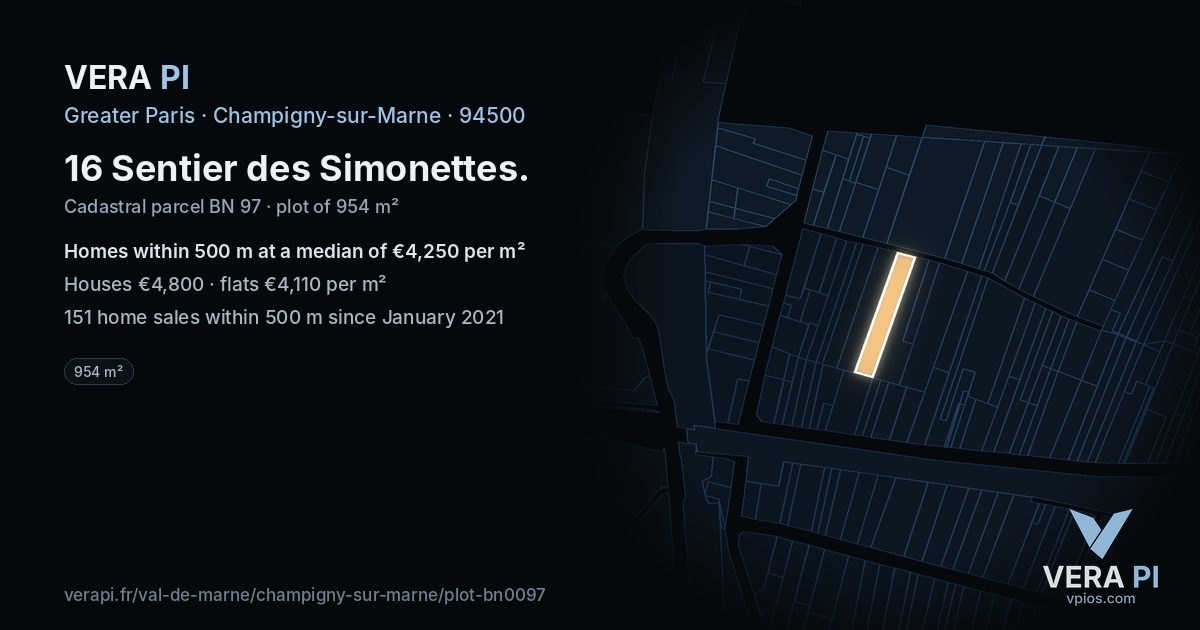16 Sentier des Simonettes, Champigny-sur-Marne at night – the plot lit, the parcels around coloured by the prices near them