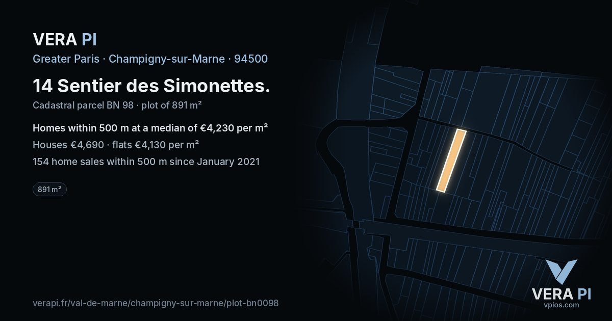 14 Sentier des Simonettes, Champigny-sur-Marne at night – the plot lit, the parcels around coloured by the prices near them