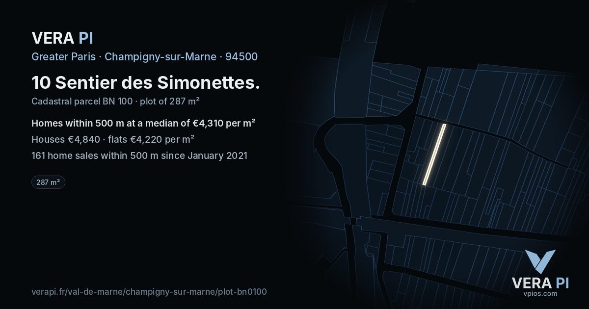 10 Sentier des Simonettes, Champigny-sur-Marne at night – the plot lit, the parcels around coloured by the prices near them