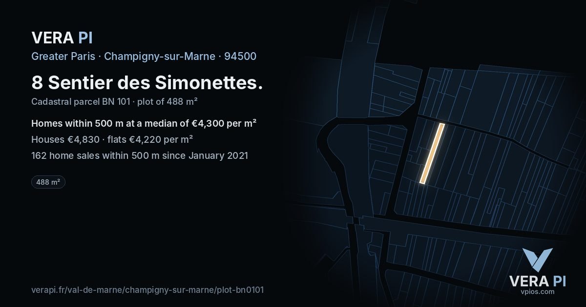 8 Sentier des Simonettes, Champigny-sur-Marne at night – the plot lit, the parcels around coloured by the prices near them