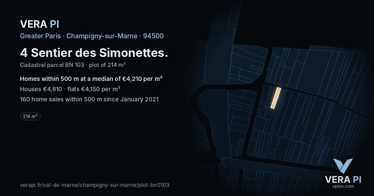 4 Sentier des Simonettes, Champigny-sur-Marne at night – the plot lit, the parcels around coloured by the prices near them