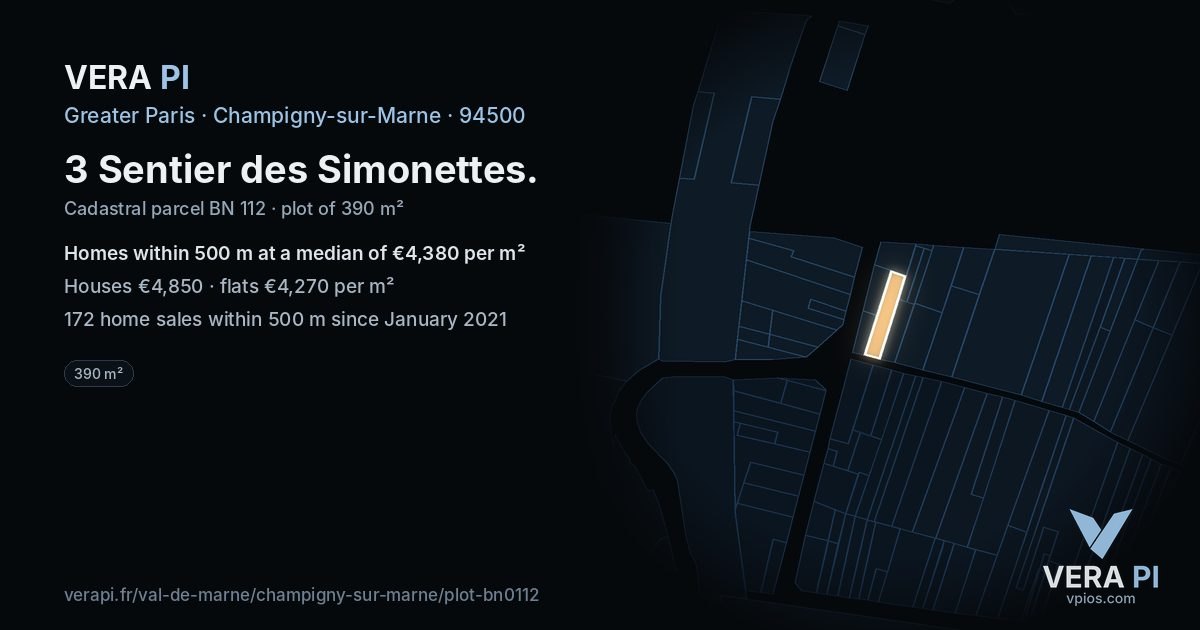 3 Sentier des Simonettes, Champigny-sur-Marne at night – the plot lit, the parcels around coloured by the prices near them