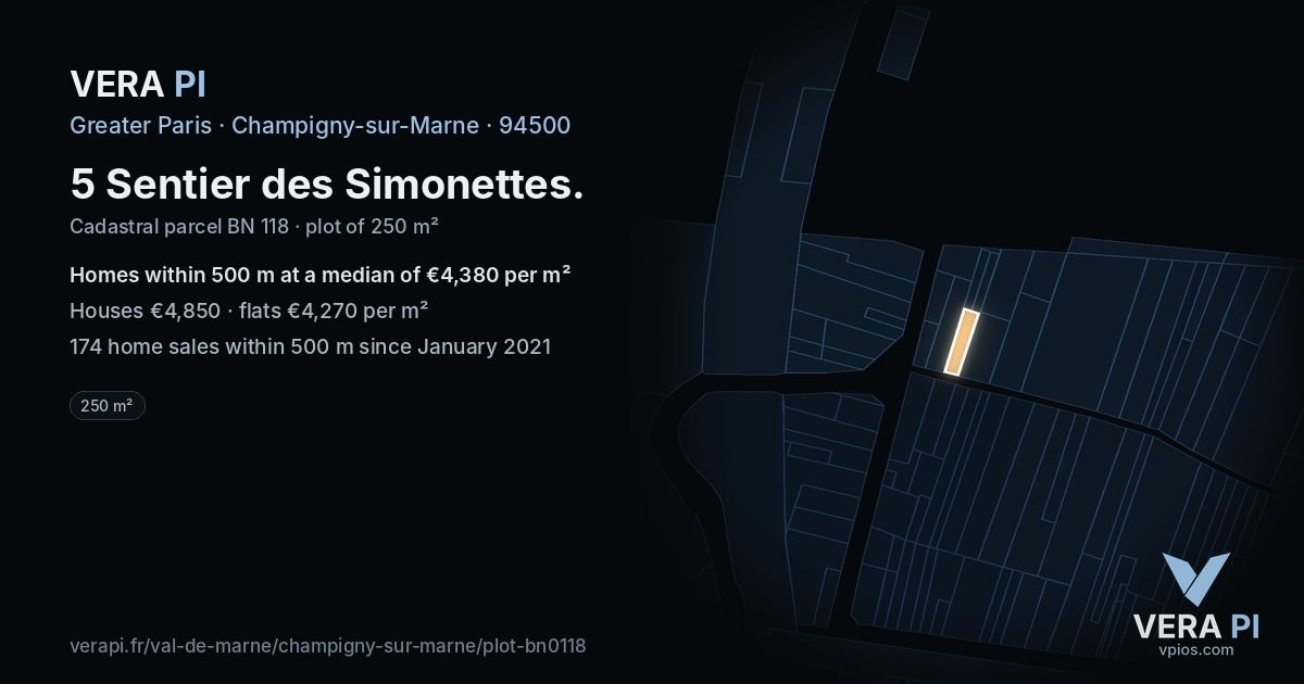 5 Sentier des Simonettes, Champigny-sur-Marne at night – the plot lit, the parcels around coloured by the prices near them