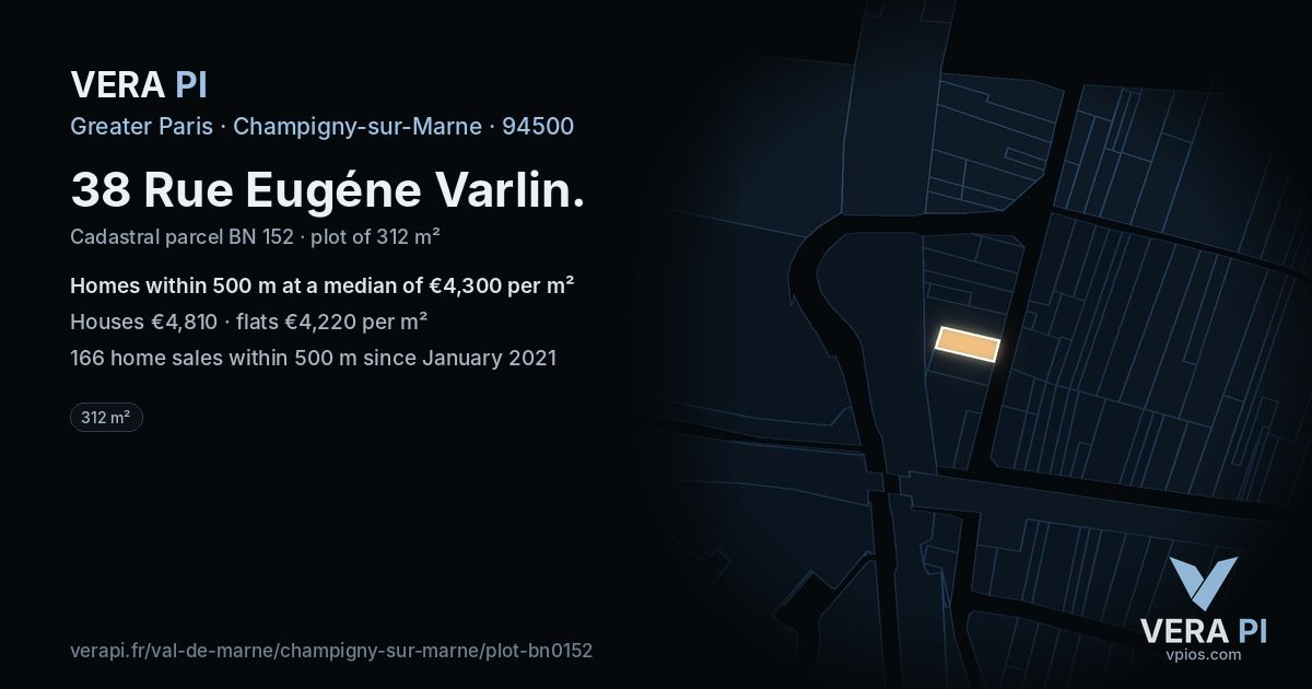 38 Rue Eugéne Varlin, Champigny-sur-Marne at night – the plot lit, the parcels around coloured by the prices near them