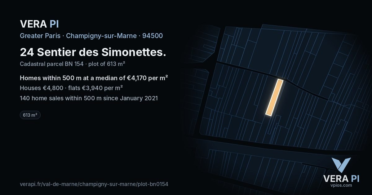 24 Sentier des Simonettes, Champigny-sur-Marne at night – the plot lit, the parcels around coloured by the prices near them
