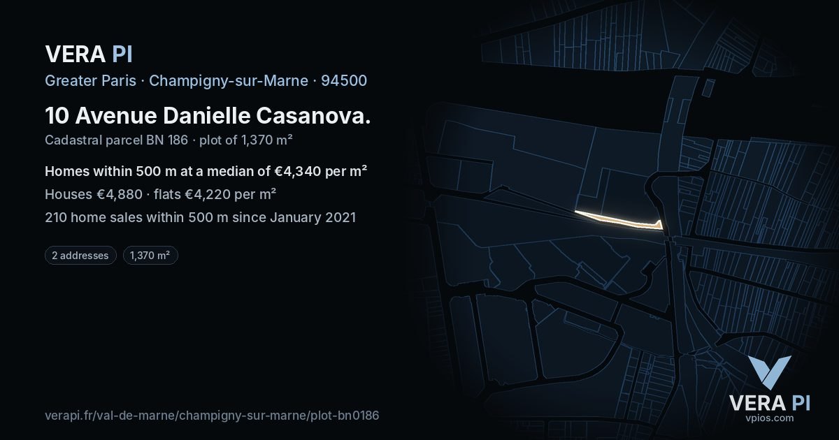10 Avenue Danielle Casanova, Champigny-sur-Marne at night – the plot lit, the parcels around coloured by the prices near them