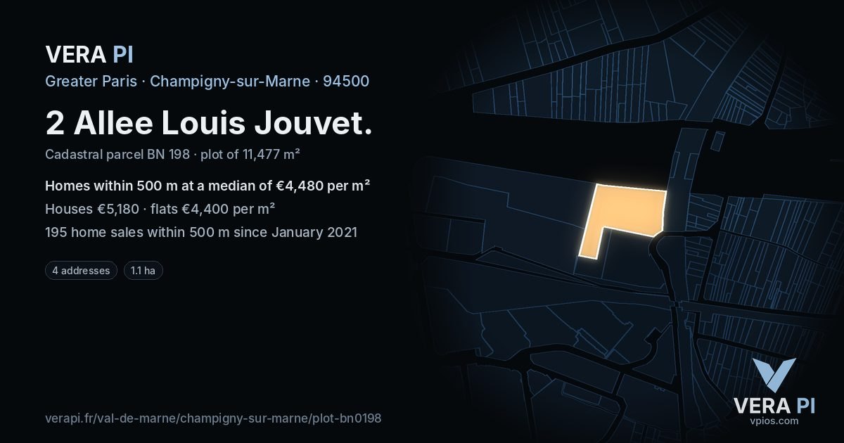 2 Allee Louis Jouvet, Champigny-sur-Marne at night – the plot lit, the parcels around coloured by the prices near them