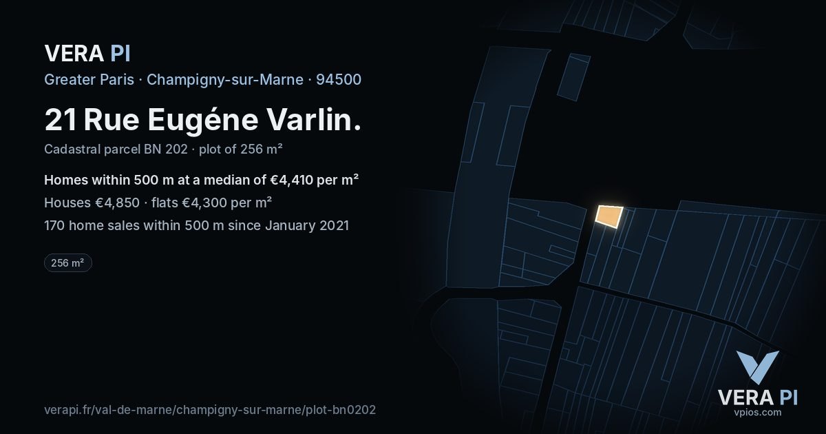 21 Rue Eugéne Varlin, Champigny-sur-Marne at night – the plot lit, the parcels around coloured by the prices near them