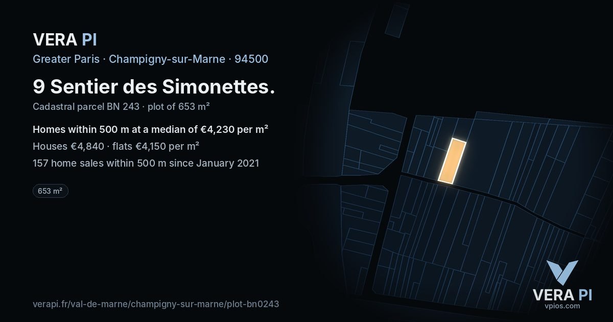 9 Sentier des Simonettes, Champigny-sur-Marne at night – the plot lit, the parcels around coloured by the prices near them