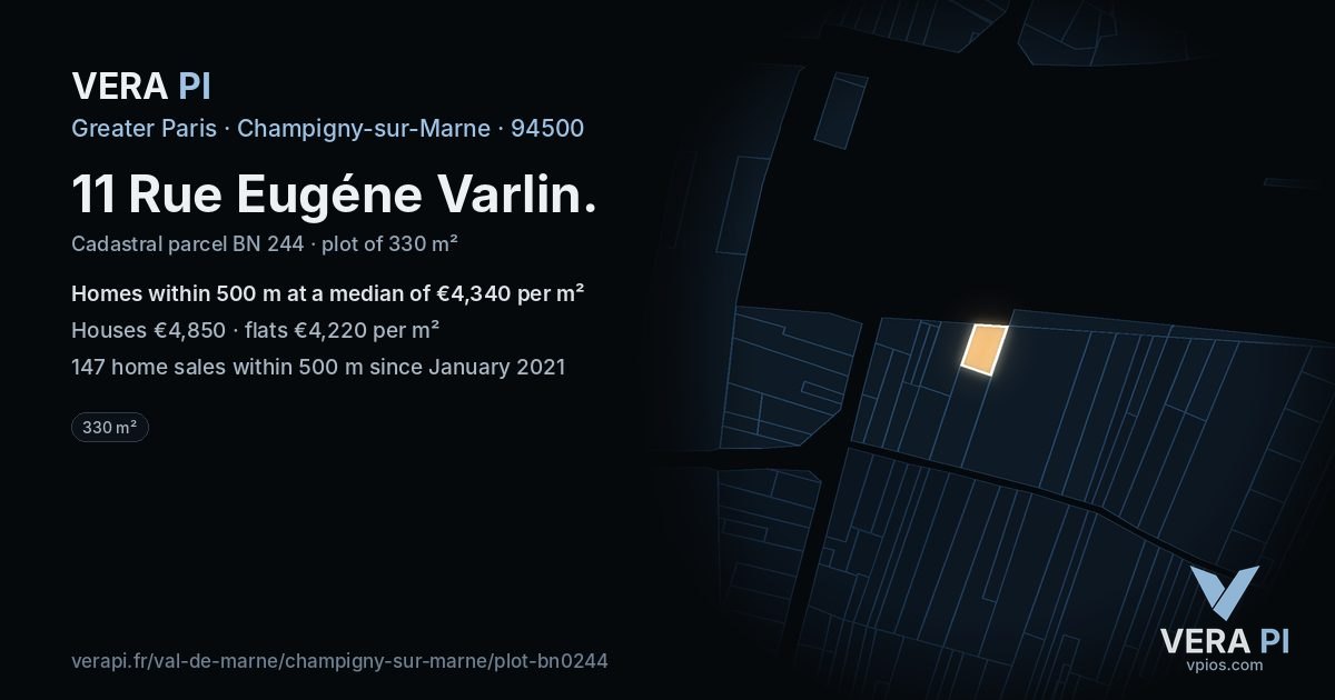 11 Rue Eugéne Varlin, Champigny-sur-Marne at night – the plot lit, the parcels around coloured by the prices near them