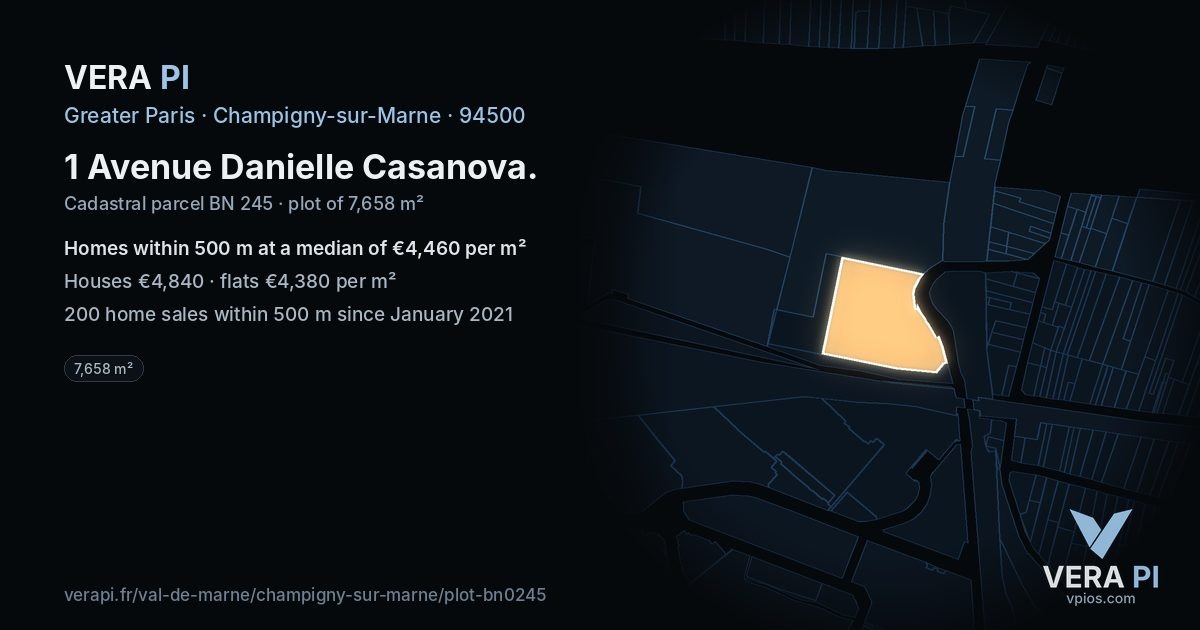 1 Avenue Danielle Casanova, Champigny-sur-Marne at night – the plot lit, the parcels around coloured by the prices near them