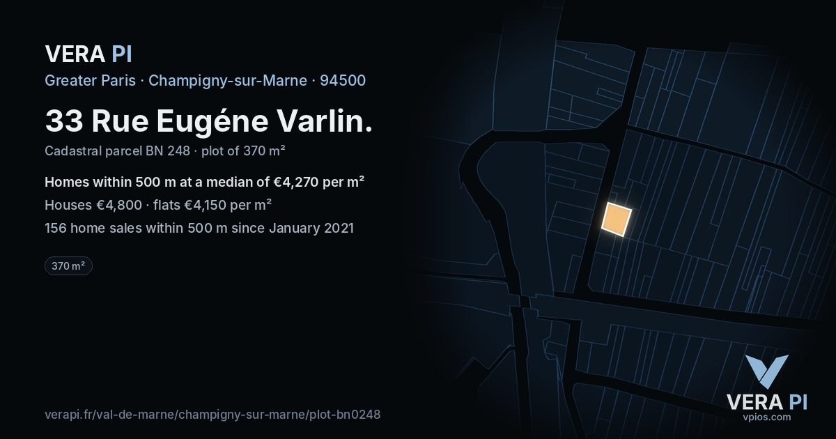 33 Rue Eugéne Varlin, Champigny-sur-Marne at night – the plot lit, the parcels around coloured by the prices near them