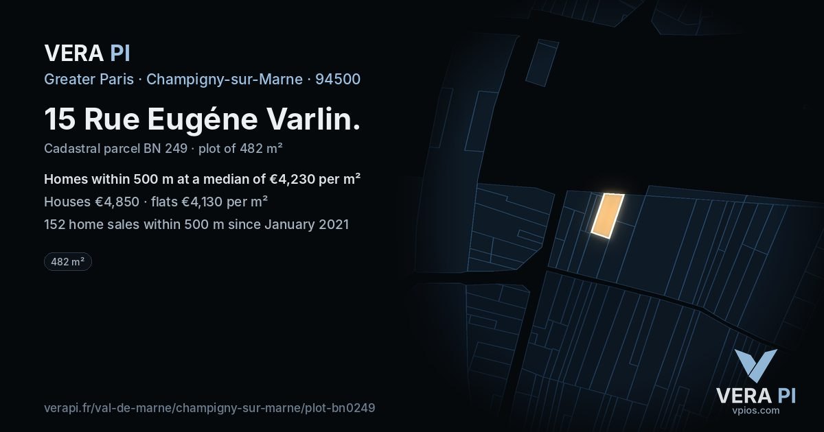 15 Rue Eugéne Varlin, Champigny-sur-Marne at night – the plot lit, the parcels around coloured by the prices near them