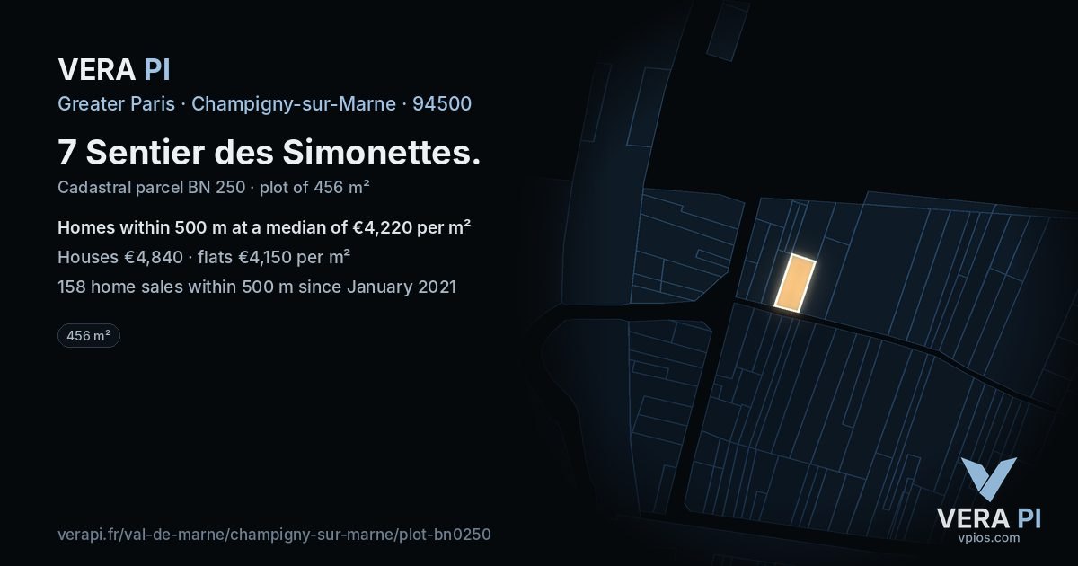 7 Sentier des Simonettes, Champigny-sur-Marne at night – the plot lit, the parcels around coloured by the prices near them