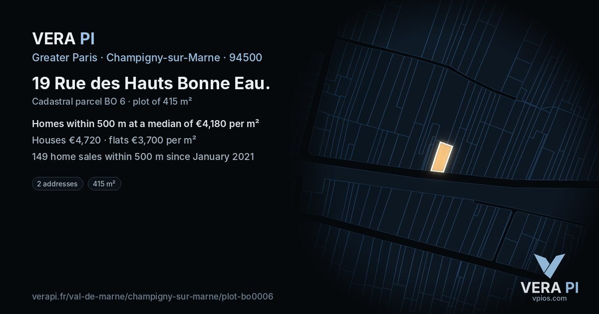 19 Rue des Hauts Bonne Eau, Champigny-sur-Marne at night – the plot lit, the parcels around coloured by the prices near them