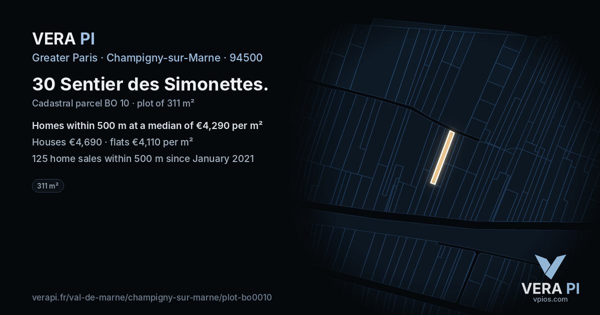 30 Sentier des Simonettes, Champigny-sur-Marne at night – the plot lit, the parcels around coloured by the prices near them