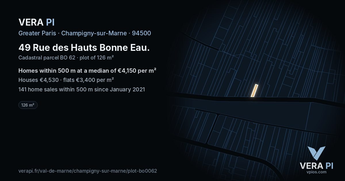 49 Rue des Hauts Bonne Eau, Champigny-sur-Marne at night – the plot lit, the parcels around coloured by the prices near them