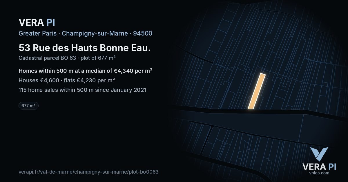 53 Rue des Hauts Bonne Eau, Champigny-sur-Marne at night – the plot lit, the parcels around coloured by the prices near them