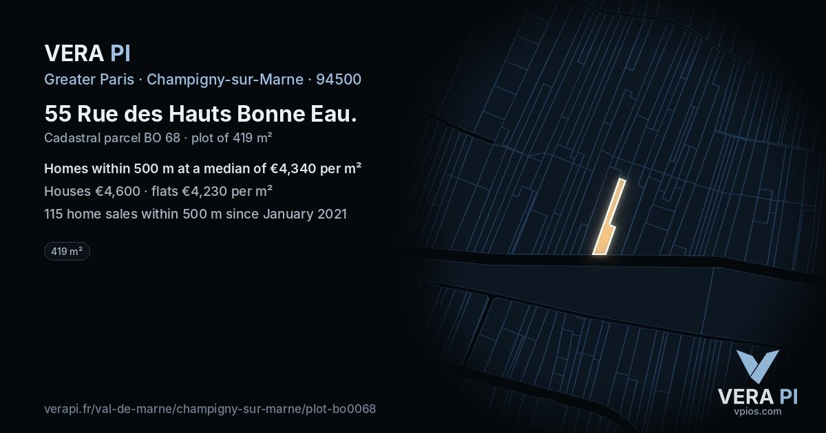 55 Rue des Hauts Bonne Eau, Champigny-sur-Marne at night – the plot lit, the parcels around coloured by the prices near them