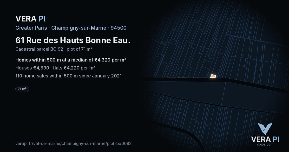 61 Rue des Hauts Bonne Eau, Champigny-sur-Marne at night – the plot lit, the parcels around coloured by the prices near them