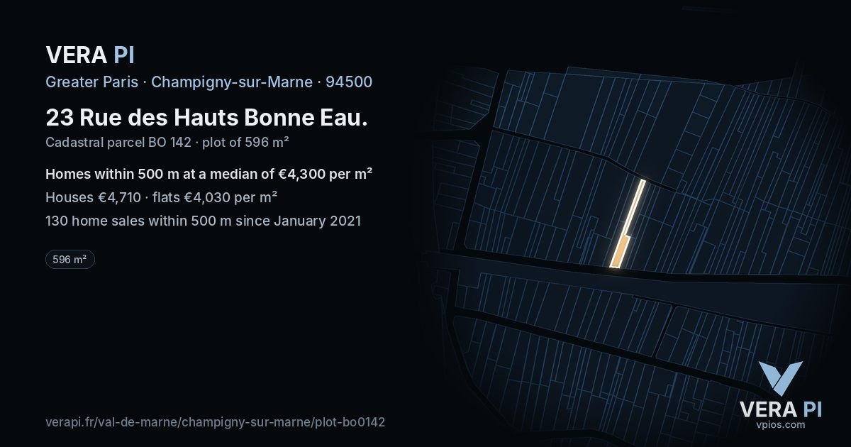 23 Rue des Hauts Bonne Eau, Champigny-sur-Marne at night – the plot lit, the parcels around coloured by the prices near them