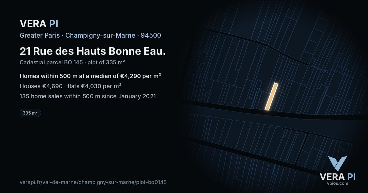 21 Rue des Hauts Bonne Eau, Champigny-sur-Marne at night – the plot lit, the parcels around coloured by the prices near them